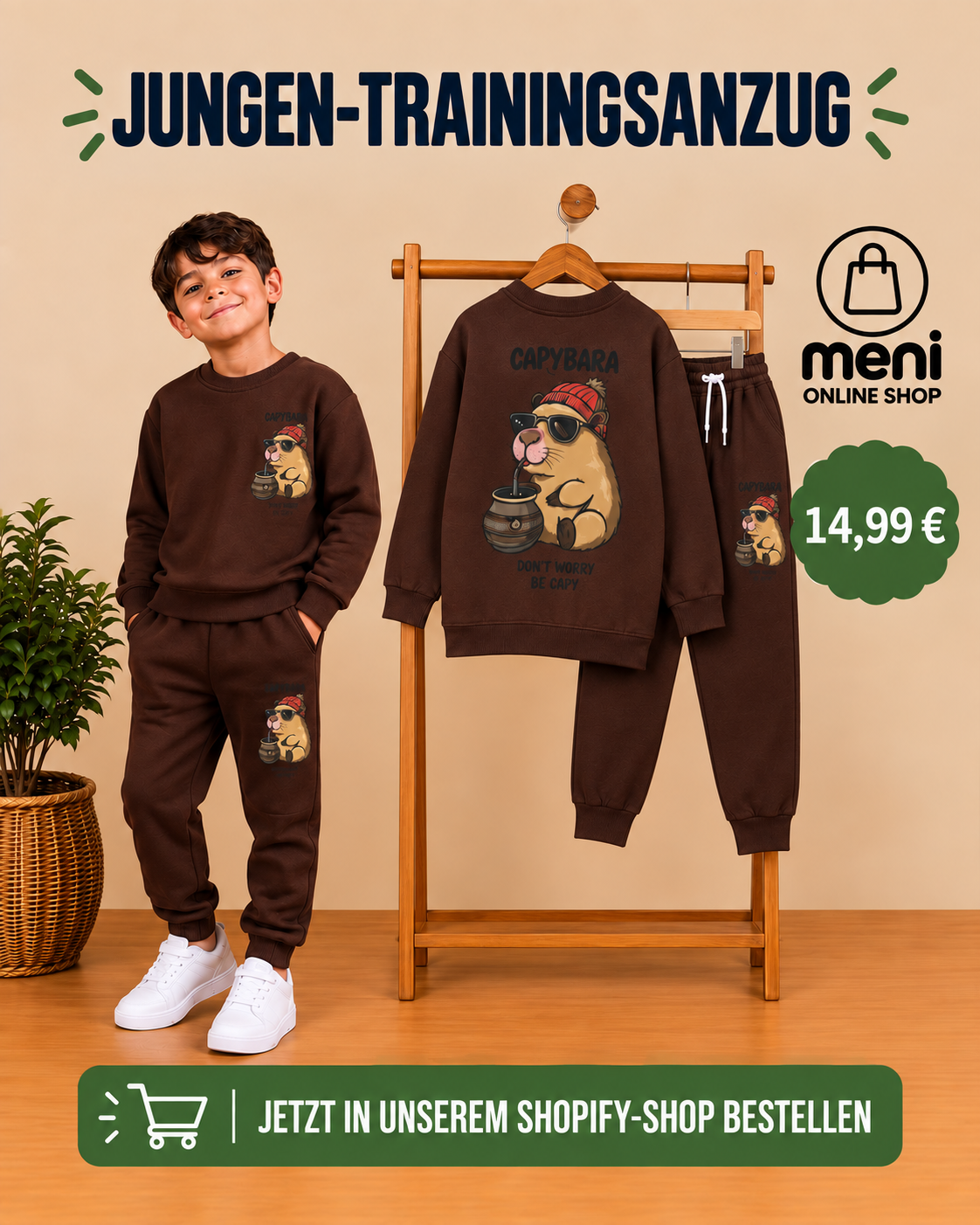 Jungen-Trainingsanzug mit Capybara-Motiv – Braun, 2-teilig