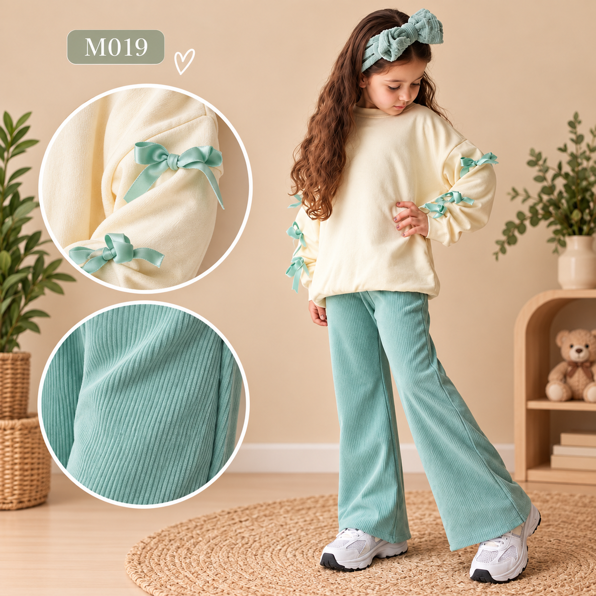 Mädchen Zweiteiler Creme-Mint mit Schleifen