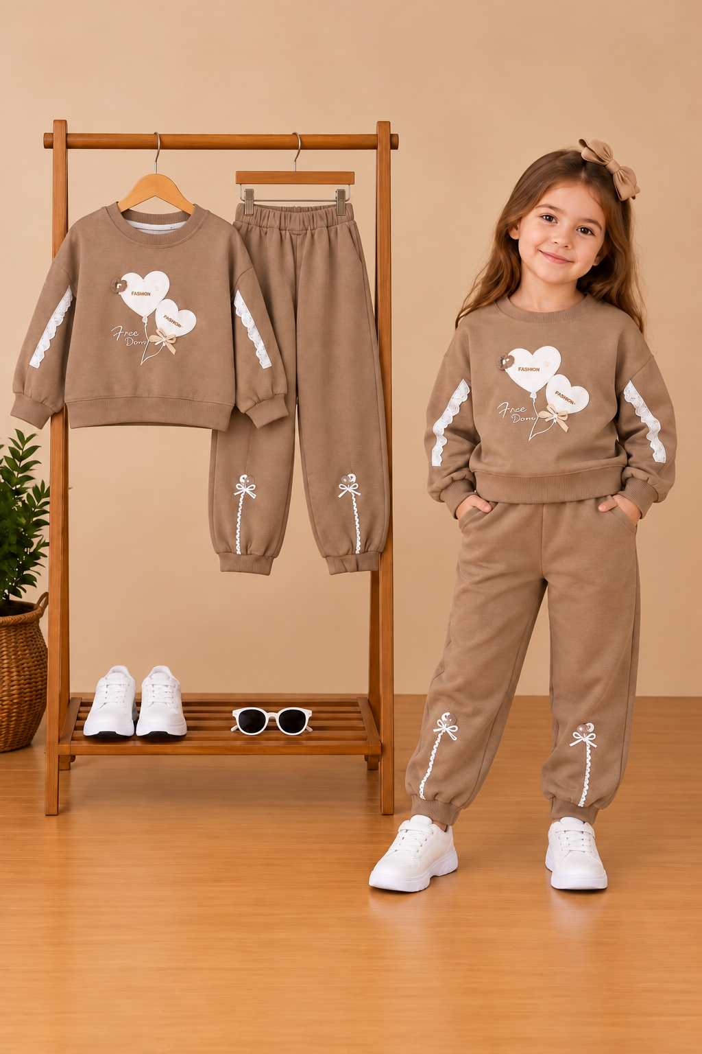 Mädchen Baumwoll-Set Braun – Oberteil & Hose