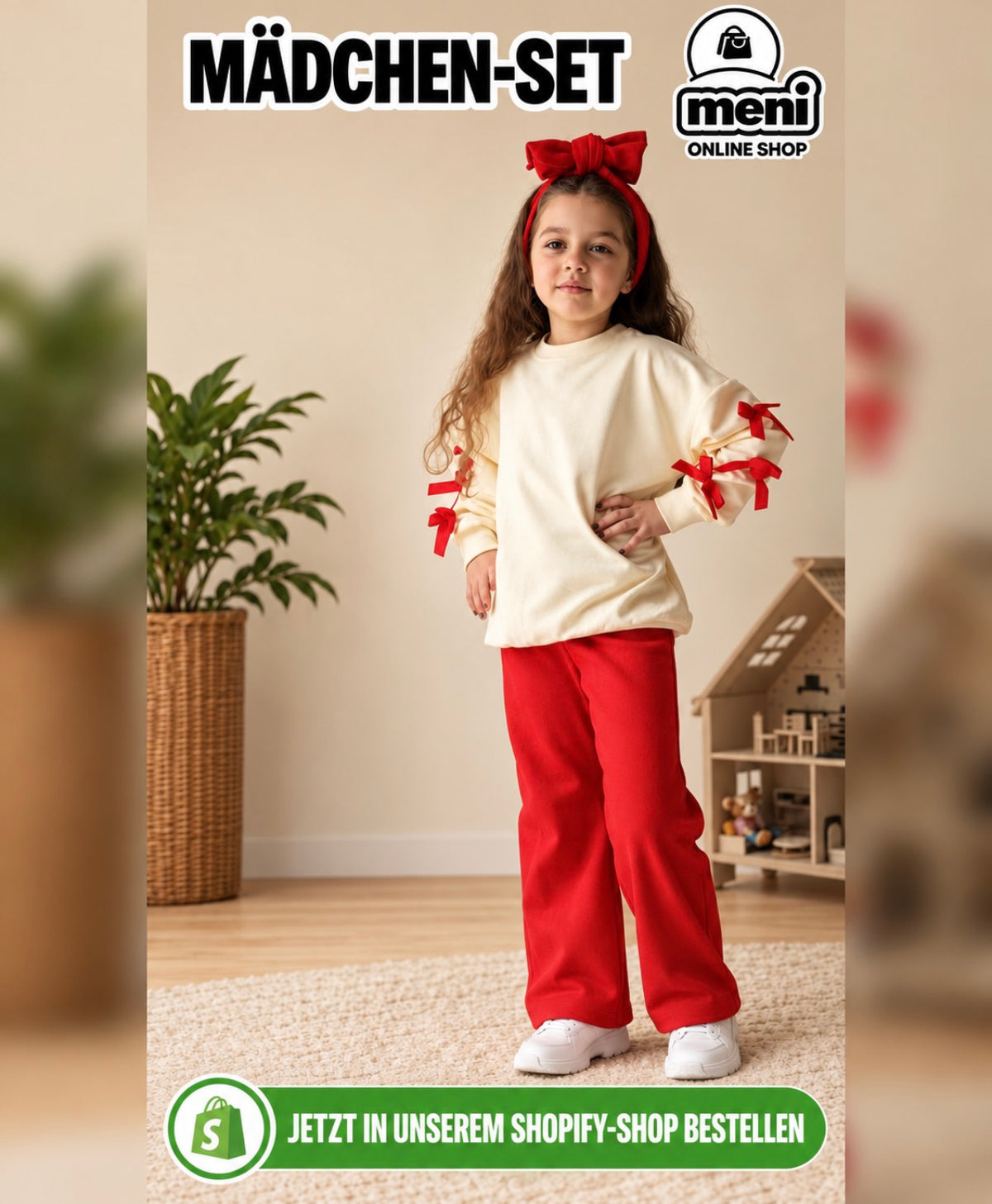 Mädchen-Set 2-teilig mit Schleifen in Creme und Rot