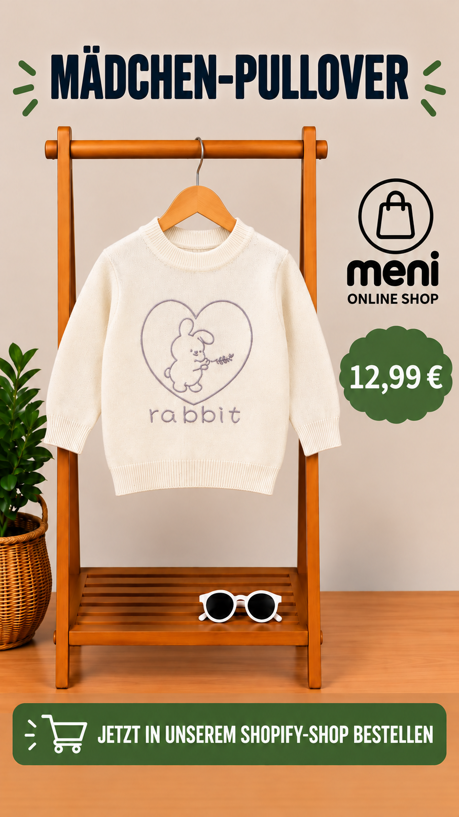 Mädchen-Strickpullover mit Herz- und Hasenmotiv