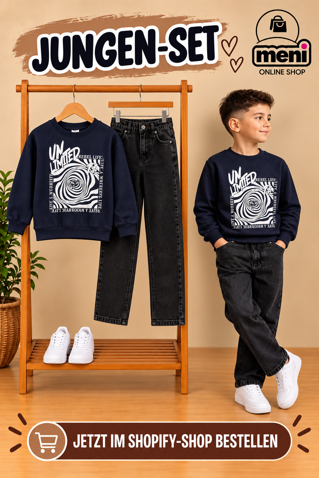 Jungen-Set mit dunkelblauem Sweatshirt und schwarzer Jeans