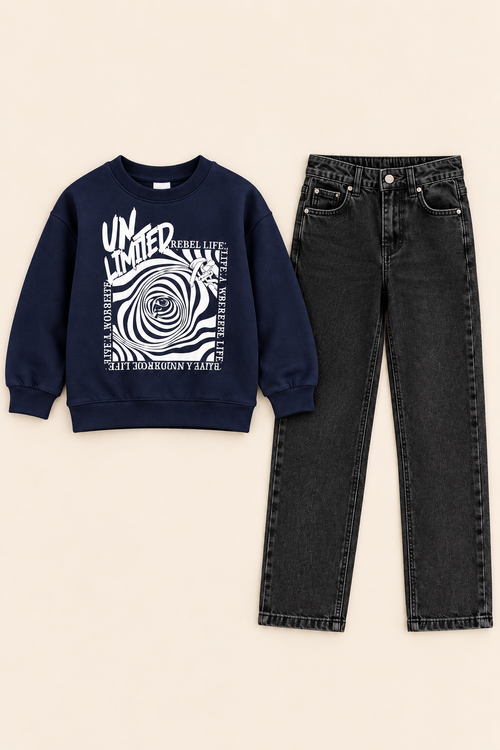 Jungen-Set mit dunkelblauem Sweatshirt und schwarzer Jeans